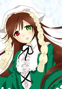 Rating: Safe Score: 0 Tags: 1girl black_ribbon blush brown_hair dress frills green_dress green_eyes hat head_scarf heterochromia image long_hair long_sleeves looking_at_viewer red_eyes ribbon solo suiseiseki very_long_hair white_background User: admin