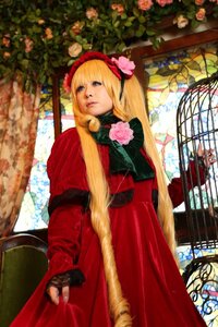 Rating: Safe Score: 0 Tags: 1girl blonde_hair blue_eyes dress flower lips long_hair red_dress rose shinku solo User: admin