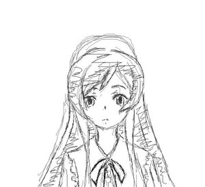 Rating: Safe Score: 0 Tags: 1girl blush greyscale hair_ornament image long_hair looking_at_viewer monochrome ribbon simple_background sketch solo suiseiseki upper_body white_background User: admin