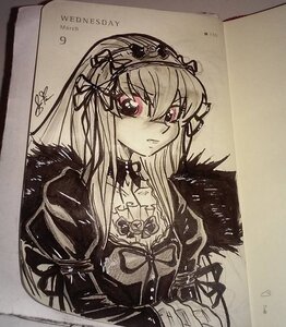 Rating: Safe Score: 0 Tags: 1girl auto_tagged blush dress flower frills hairband image juliet_sleeves long_hair long_sleeves looking_at_viewer monochrome photo ribbon rose shikishi solo suigintou traditional_media upper_body User: admin