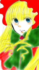 Rating: Safe Score: 0 Tags: 1girl blonde_hair blue_eyes bow bowtie dress flower image long_hair long_sleeves looking_at_viewer rose shinku simple_background solo upper_body white_background User: admin