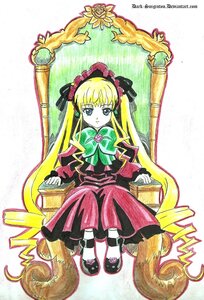 Rating: Safe Score: 0 Tags: 1girl auto_tagged black_footwear blonde_hair blue_eyes bonnet book bow bowtie cup dress full_body green_bow image long_hair long_sleeves looking_at_viewer open_book shinku shoes sitting solo traditional_media twintails very_long_hair User: admin