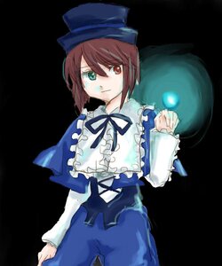 Rating: Safe Score: 0 Tags: 1girl black_background blue_dress bow brown_hair dress frills green_eyes hat heterochromia image long_sleeves looking_at_viewer red_eyes ribbon short_hair simple_background solo souseiseki User: admin