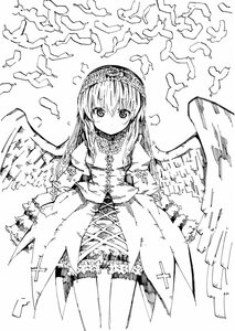 Rating: Safe Score: 0 Tags: 1girl blush closed_mouth dress eyebrows_visible_through_hair greyscale hairband image long_hair long_sleeves looking_at_viewer monochrome solo standing suigintou wings User: admin