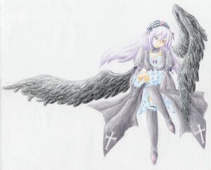 Rating: Safe Score: 0 Tags: 1girl angel_wings black_wings dress feathered_wings feathers frills hairband image long_hair solo suigintou thighhighs traditional_media watercolor_(medium) wings User: admin