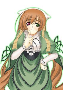 Rating: Safe Score: 0 Tags: 1girl brown_hair closed_mouth cowboy_shot dress eyebrows eyebrows_visible_through_hair frills green_dress green_eyes hand_on_hip head_scarf heterochromia image index_finger_raised layered_dress layered_sleeves leaning_forward long_hair long_sleeves looking_at_viewer puffy_short_sleeves puffy_sleeves red_eyes rozen_maiden shio short_over_long_sleeves short_sleeves simple_background smile solo standing suiseiseki very_long_hair white_background User: admin