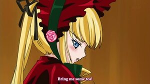 Rating: Safe Score: 0 Tags: 1girl blonde_hair blue_eyes bonnet bow flower image long_hair long_sleeves red_dress rose shinku simple_background solo twintails User: admin