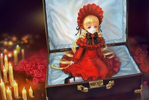 Rating: Safe Score: 0 Tags: 1girl blonde_hair blue_eyes bonnet bow candle cup dress flower long_hair looking_at_viewer red_dress red_flower red_rose rose shinku solo teacup twintails User: admin