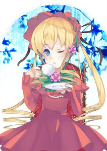 Rating: Safe Score: 0 Tags: 1girl blonde_hair blue_eyes bonnet bow bowtie cup dress flower image long_hair long_sleeves looking_at_viewer one_eye_closed red_dress rose shinku sidelocks solo teacup User: admin