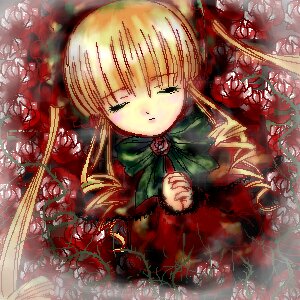 Rating: Safe Score: 0 Tags: 1girl blonde_hair bonnet bow bowtie closed_eyes dress drill_hair flower frills image long_hair long_sleeves rose shinku solo User: admin