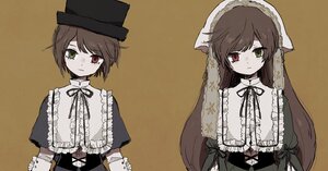 Rating: Safe Score: 0 Tags: 2girls black_ribbon brown_hair dress expressionless frills green_eyes hat heterochromia image long_hair long_sleeves looking_at_viewer multiple_girls pair red_eyes ribbon short_hair siblings simple_background sisters souseiseki suiseiseki top_hat twins very_long_hair User: admin