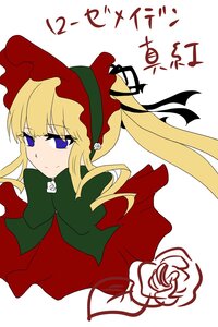 Rating: Safe Score: 0 Tags: 1girl blonde_hair blue_eyes bonnet bow dress flower image long_hair long_sleeves red_dress rose shinku simple_background smile solo white_background User: admin