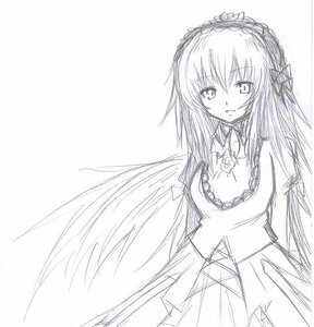 Rating: Safe Score: 0 Tags: 1girl closed_mouth cowboy_shot dress eyebrows_visible_through_hair frills greyscale hairband image lolita_hairband long_hair long_sleeves looking_at_viewer monochrome simple_background sketch smile solo standing suigintou traditional_media white_background wings User: admin