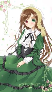 Rating: Safe Score: 0 Tags: 1girl black_ribbon blush brown_hair corset dress flower frills green_dress green_eyes heterochromia image long_hair long_sleeves looking_at_viewer red_eyes rose smile solo suiseiseki very_long_hair vines watering_can User: admin