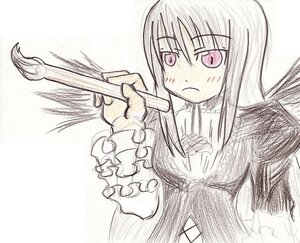 Rating: Safe Score: 0 Tags: 1girl blush dress frilled_sleeves frills holding image long_hair long_sleeves looking_at_viewer monochrome pink_eyes simple_background solo suigintou traditional_media upper_body User: admin