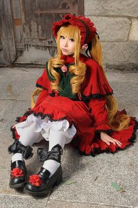 Rating: Safe Score: 0 Tags: 1girl blonde_hair blue_eyes bonnet bow dress flower long_hair long_sleeves looking_at_viewer red_dress rose shinku shoes sitting solo twintails very_long_hair User: admin