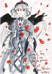 Rating: Safe Score: 0 Tags: apple black_wings closed_mouth dress feathered_wings feathers flower food fruit hairband image long_sleeves looking_at_viewer petals red_eyes red_flower red_rose ribbon rose rose_petals solo strawberry suigintou traditional_media watercolor_(medium) wings User: admin