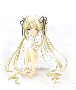 Rating: Safe Score: 0 Tags: 1girl anklet barefoot blonde_hair blue_eyes blush dress hair_ribbon image jewelry long_hair shinku sitting solo striped tears twintails very_long_hair white_dress User: admin