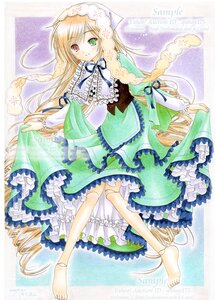 Rating: Safe Score: 0 Tags: 1girl barefoot blonde_hair dress frills green_eyes heterochromia image lolita_fashion long_hair long_sleeves red_eyes ribbon smile solo suiseiseki traditional_media very_long_hair User: admin