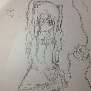 Rating: Safe Score: 0 Tags: 1girl eyepatch flower hair_flower heart image kirakishou long_hair monochrome red_rose rose sketch smile solo thorns traditional_media twintails User: admin