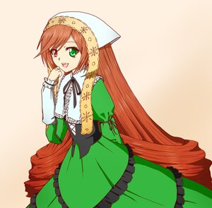 Rating: Safe Score: 0 Tags: 1girl :d black_ribbon brown_hair dress drill_hair frills green_dress green_eyes head_scarf heterochromia image long_hair long_sleeves looking_at_viewer open_mouth red_eyes ribbon simple_background smile solo suiseiseki very_long_hair User: admin