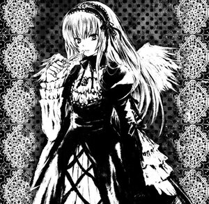 Rating: Safe Score: 0 Tags: 1girl dress frills greyscale hairband halftone image long_hair long_sleeves looking_at_viewer monochrome rose solo suigintou wings User: admin