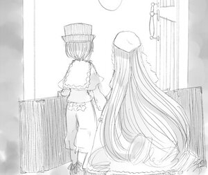 Rating: Safe Score: 0 Tags: 2girls capelet greyscale hat image long_hair monochrome multiple_girls pair short_hair souseiseki standing striped suiseiseki vertical_stripes very_long_hair User: admin