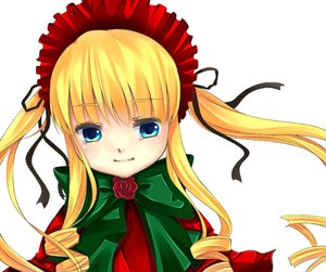 Rating: Safe Score: 0 Tags: 1girl blonde_hair blue_eyes bonnet bow bowtie drill_hair flower green_bow green_neckwear image long_hair long_sleeves looking_at_viewer ribbon rose shinku sidelocks simple_background solo twin_drills twintails upper_body white_background User: admin