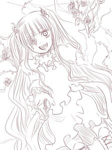 Rating: Safe Score: 0 Tags: 1girl dress flower frills hair_ornament image kirakishou lineart long_hair monochrome open_mouth rose smile solo two_side_up User: admin