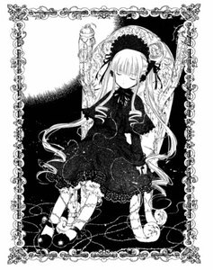 Rating: Safe Score: 0 Tags: 1girl closed_eyes dress flower greyscale image lolita_fashion long_hair long_sleeves monochrome rose shinku sitting sleeping solo suigintou twintails very_long_hair User: admin