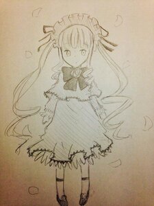 Rating: Safe Score: 0 Tags: 1girl bowtie capelet dress flower image joints long_hair looking_at_viewer monochrome petals shinku solo standing traditional_media twintails User: admin