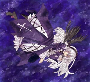 Rating: Safe Score: 0 Tags: 1girl black_wings cross-laced_clothes dress floating flower frills full_body hairband image long_hair long_sleeves ribbon rose silver_hair solo suigintou very_long_hair wings User: admin