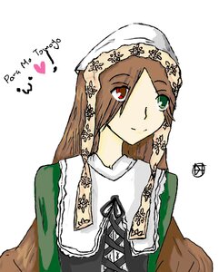 Rating: Safe Score: 0 Tags: 1girl bangs brown_hair closed_mouth dress eyebrows_visible_through_hair green_dress green_eyes head_scarf heart heterochromia image long_hair long_sleeves looking_at_viewer red_eyes ribbon simple_background smile solo suiseiseki upper_body white_background User: admin