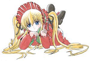 Rating: Safe Score: 0 Tags: 1girl bangs black_footwear blonde_hair blue_eyes bonnet bow bowtie cup curly_hair dress feet_up flower full_body hair_ribbon head_rest image imai_kazunari index_finger_raised light_smile long_hair long_sleeves looking_at_viewer lying on_stomach pink_flower pink_rose red_dress ribbon rose rozen_maiden shinku shoe_flower shoes sidelocks simple_background solo striped twintails very_long_hair white_background User: admin