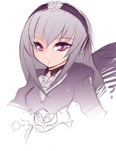 Rating: Safe Score: 0 Tags: 1girl black_wings dress flower hairband image long_hair long_sleeves looking_at_viewer purple_eyes rose simple_background solo suigintou upper_body white_background wings User: admin