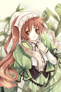 Rating: Safe Score: 0 Tags: 1girl black_ribbon brown_hair dress frills green_dress hat head_scarf image long_hair long_sleeves looking_at_viewer ribbon solo suiseiseki very_long_hair User: admin