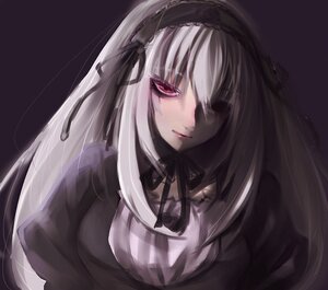 Rating: Safe Score: 0 Tags: 1girl bangs black_dress black_ribbon closed_mouth detached_collar dress hairband image long_hair long_sleeves looking_at_viewer red_eyes silver_hair simple_background smile solo suigintou upper_body User: admin