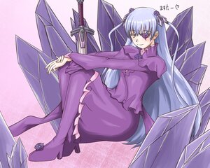 Rating: Safe Score: 0 Tags: 1girl barasuishou dress eyepatch flower frills hair_ornament high_heels image long_hair long_sleeves looking_at_viewer purple_dress purple_flower purple_rose rose silver_hair sitting smile solo very_long_hair weapon yellow_eyes User: admin