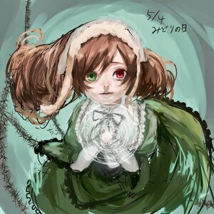 Rating: Safe Score: 0 Tags: 1girl brown_hair dress frills green_dress green_eyes heterochromia image long_sleeves looking_at_viewer red_eyes short_hair signature skirt solo souseiseki suiseiseki User: admin