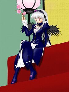 Rating: Safe Score: 0 Tags: 1girl black_wings cross-laced_clothes dress flower frills full_body hairband image juliet_sleeves long_hair long_sleeves looking_at_viewer puffy_sleeves purple_flower red_eyes rose silver_hair sitting solo suigintou wings User: admin