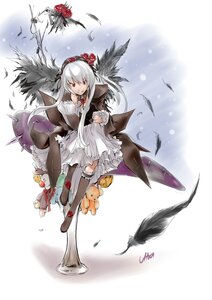 Rating: Safe Score: 0 Tags: 1girl bird black_wings dress feathers flower hairband image long_hair long_sleeves red_eyes red_flower rose silver_hair solo stuffed_animal suigintou wings User: admin