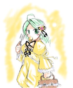 Rating: Safe Score: 0 Tags: 1girl ahoge dress flower food green_eyes green_hair hair_ornament holding image kanaria long_sleeves puffy_sleeves ribbon solo yellow_dress User: admin