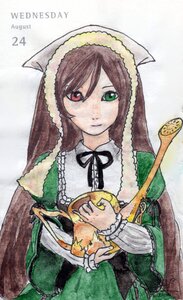 Rating: Safe Score: 0 Tags: 1girl black_ribbon brown_hair dress food frills green_dress green_eyes head_scarf heterochromia holding image long_hair long_sleeves looking_at_viewer red_eyes solo suiseiseki very_long_hair User: admin