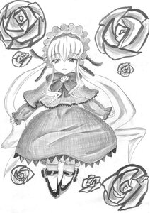 Rating: Safe Score: 0 Tags: 1girl blush bonnet capelet dress flower greyscale image long_hair long_sleeves looking_at_viewer monochrome rose shinku smile solo traditional_media User: admin