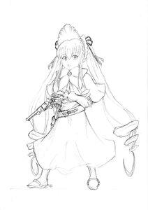 Rating: Safe Score: 0 Tags: 1girl boots dress full_body greyscale image long_hair long_sleeves looking_at_viewer monochrome open_mouth shinku sketch solo very_long_hair weapon User: admin