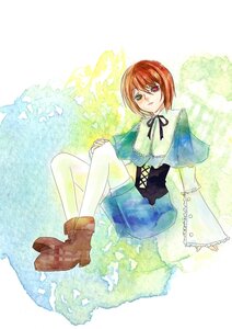 Rating: Safe Score: 0 Tags: 1boy boots brown_hair capelet full_body green_eyes heterochromia image long_sleeves looking_at_viewer red_eyes ribbon short_hair shorts sitting solo souseiseki User: admin