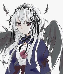 Rating: Safe Score: 0 Tags: 1girl bangs bird black_feathers black_ribbon black_wings closed_mouth dress feathered_wings feathers flower frills hairband image juliet_sleeves long_hair long_sleeves looking_at_viewer puffy_sleeves ribbon rose silver_hair simple_background solo suigintou upper_body white_background wings User: admin