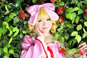 Rating: Safe Score: 0 Tags: 1girl bangs blonde_hair bow dress flower hair_bow hina_ichigo hinaichigo leaf lips looking_at_viewer pink_bow plant realistic smile solo upper_body User: admin