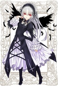 Rating: Safe Score: 0 Tags: 1girl bangs black_dress black_footwear black_ribbon boots dress eyebrows_visible_through_hair feathers flower frilled_sleeves frills full_body hairband image juliet_sleeves lolita_fashion long_hair long_sleeves looking_at_viewer puffy_sleeves red_eyes ribbon rose silver_hair solo standing suigintou wings User: admin