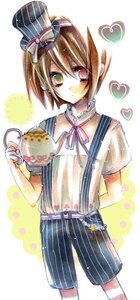 Rating: Safe Score: 0 Tags: bow brown_hair cup green_eyes hat heart heterochromia image mini_hat red_eyes ribbon shirt shorts solo souseiseki striped top_hat vertical_stripes User: admin